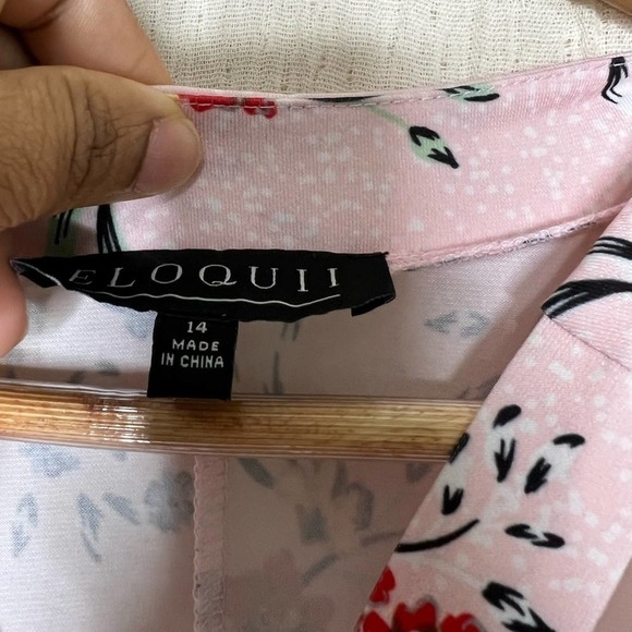 Eloquii Long Sleeve Keyhole Bow Tie Neckline Pink Floral Fit-Flare Dress Size 14 - Picture 5 of 7